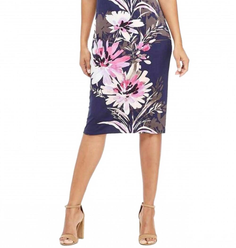 NEW LONDON TIMES floral print sheath midi dress in navy pink